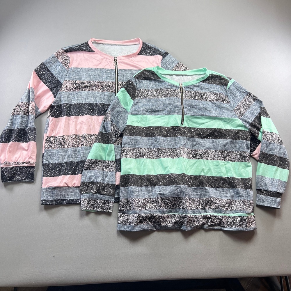 Set Of 2 Womens Sweatshirt 2XL Multi Gold Glitter Striped Half Zip French Terry